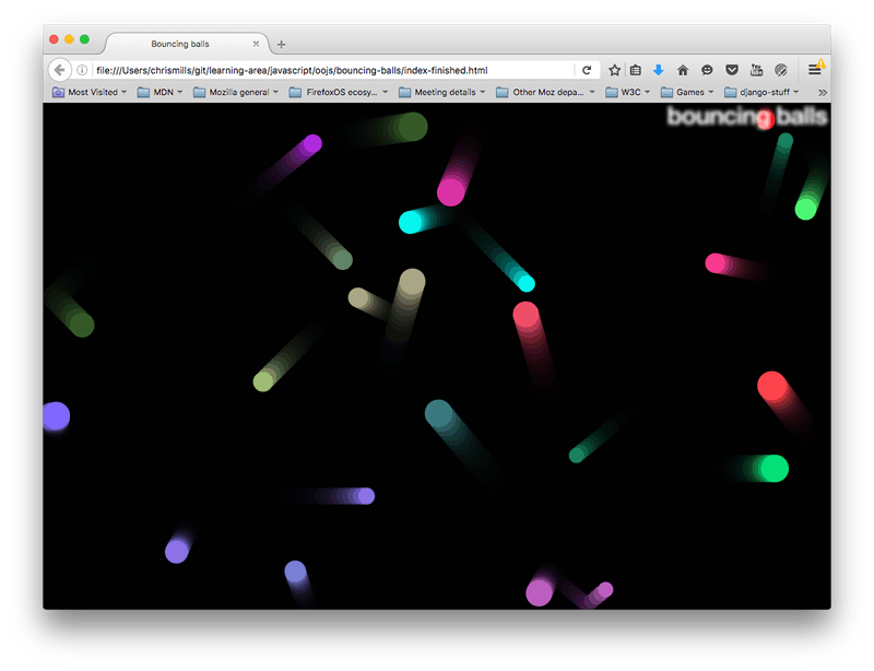 Screenshot of a webpage titled "Bouncing balls". 23 balls of various pastel colors and sizes are visible across a black screen with long trails behind them indicating motion.