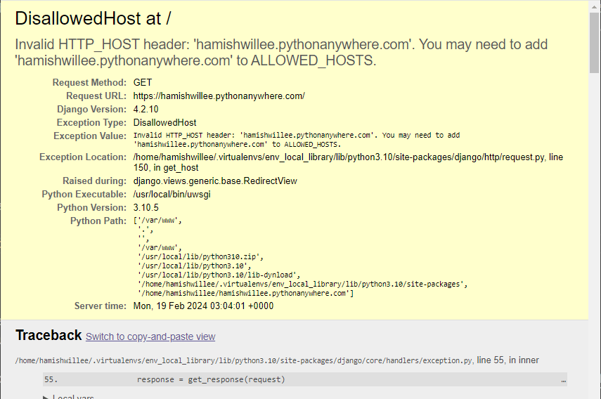 A detailed error page with a full traceback of an invalid HTTP_HOST header