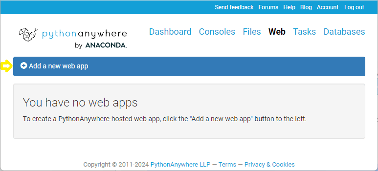 PythonAnywhere "Web" section showing button for adding a new app
