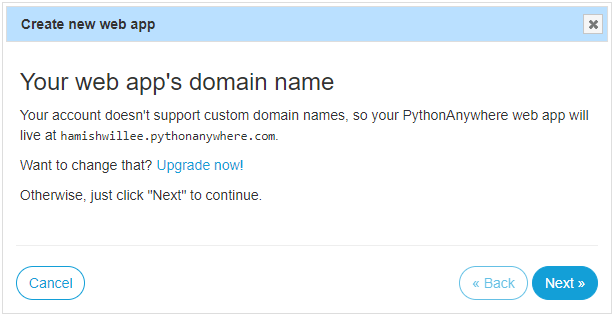 PythonAnywhere prompt for setting the domain name of new web app