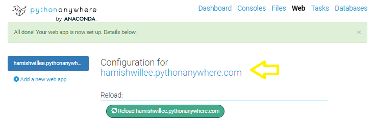 PythonAnywhere Web screen with the link to launch the site highlighted