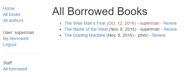 Displays list of all renewed books along with their details. Past due is in red.