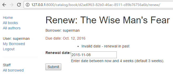 Same form as above with an error message: invalid date - renewal in the past