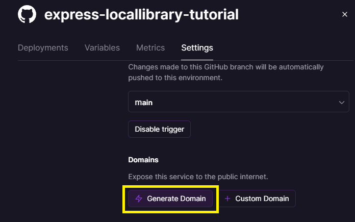 Railway project settings tab showing button to generate a domain