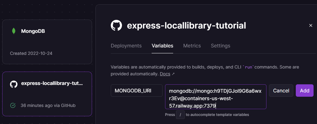 Railway website variables screen while adding the MONGODB_URI variable and address