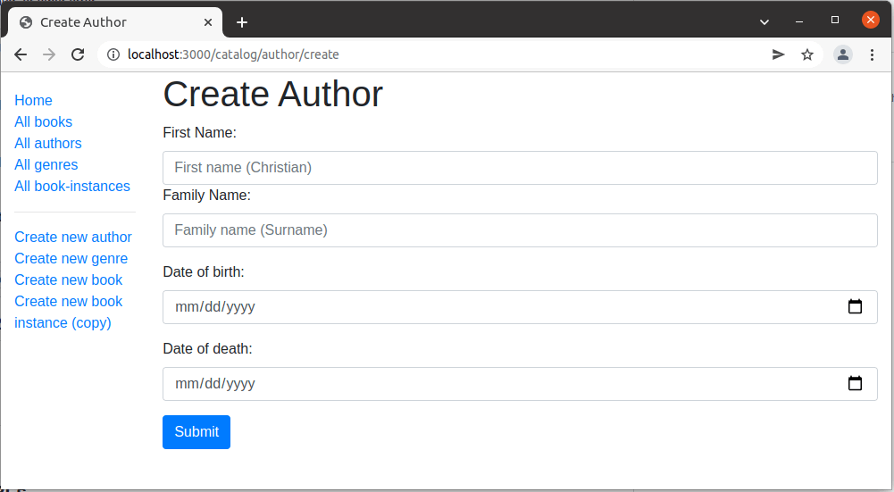 Author Create Page - Express Local Library site