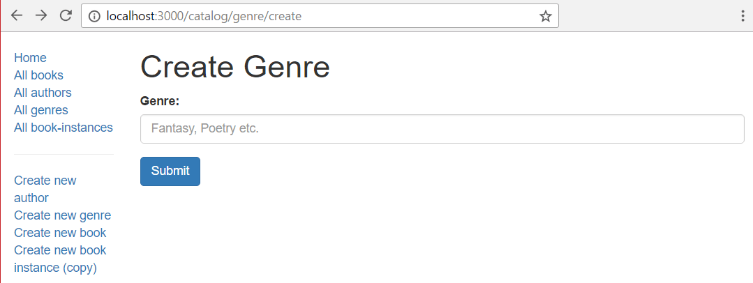 Genre Create Page - Express Local Library site