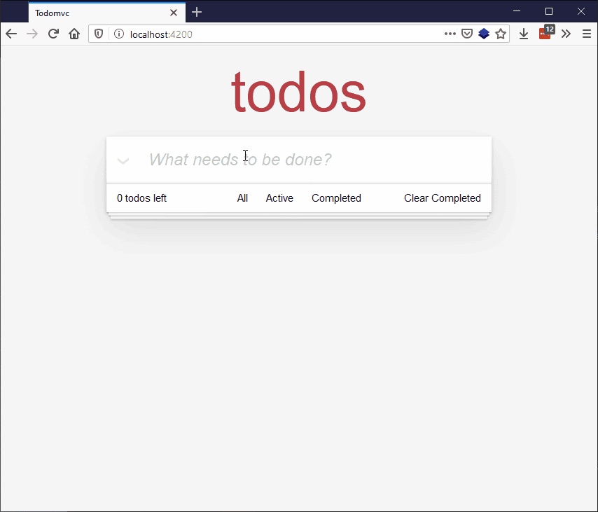 The todo list app, showing the routing working for all, active, and completed todos.