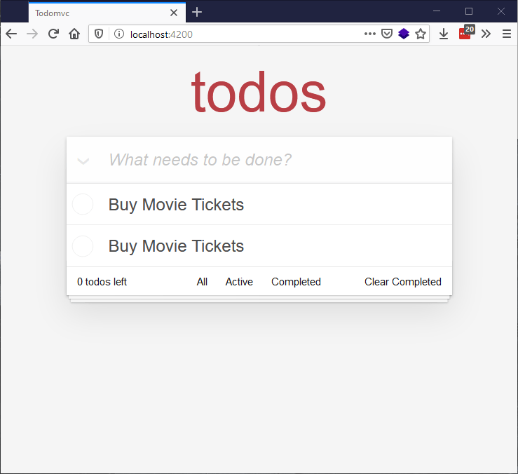 todo app rendered in the browser with new todo input field and existing todos showing, both saying buy movie tickets