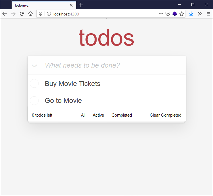 todo app rendered in the browser with new todo input field and existing todos showing, - buy movie tickets and go to movie