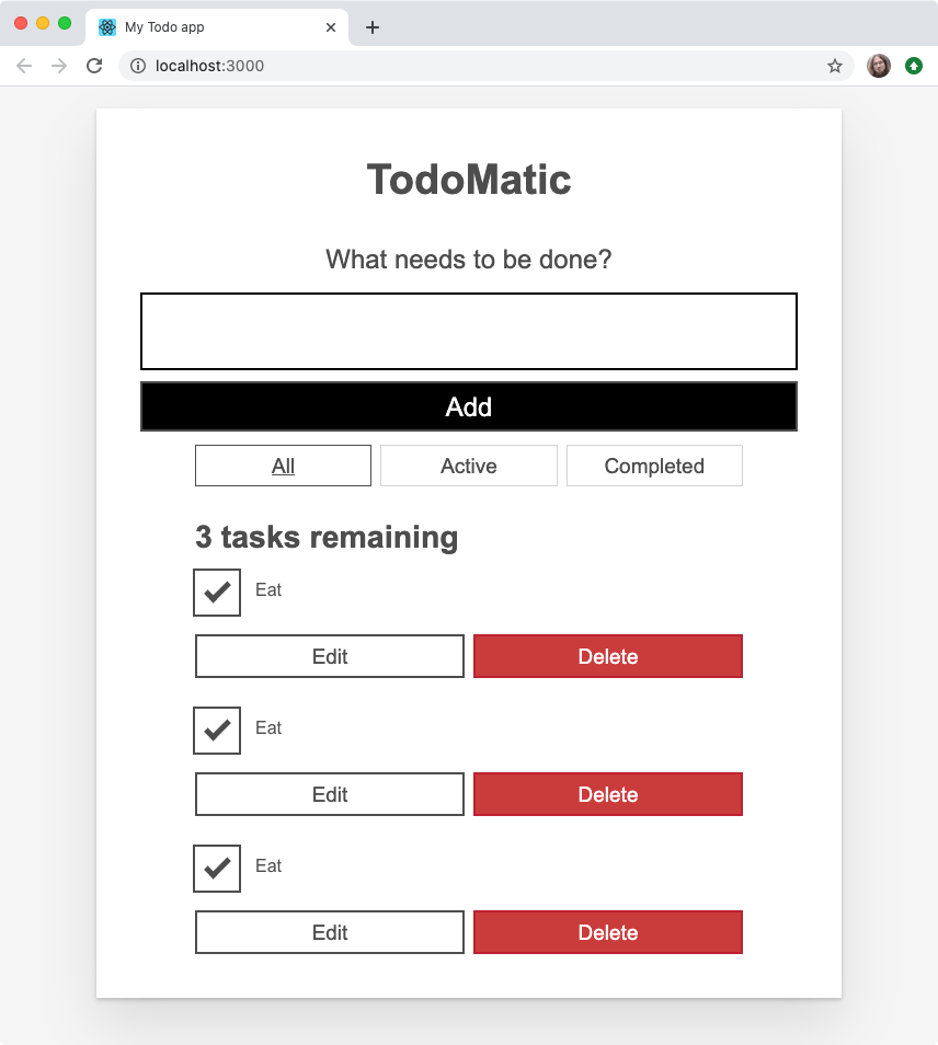 Our todo list app, with todo components repeating because the label is hardcoded into the component