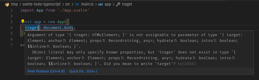 Type checking in VS Code - App object has been given an unknown property traget