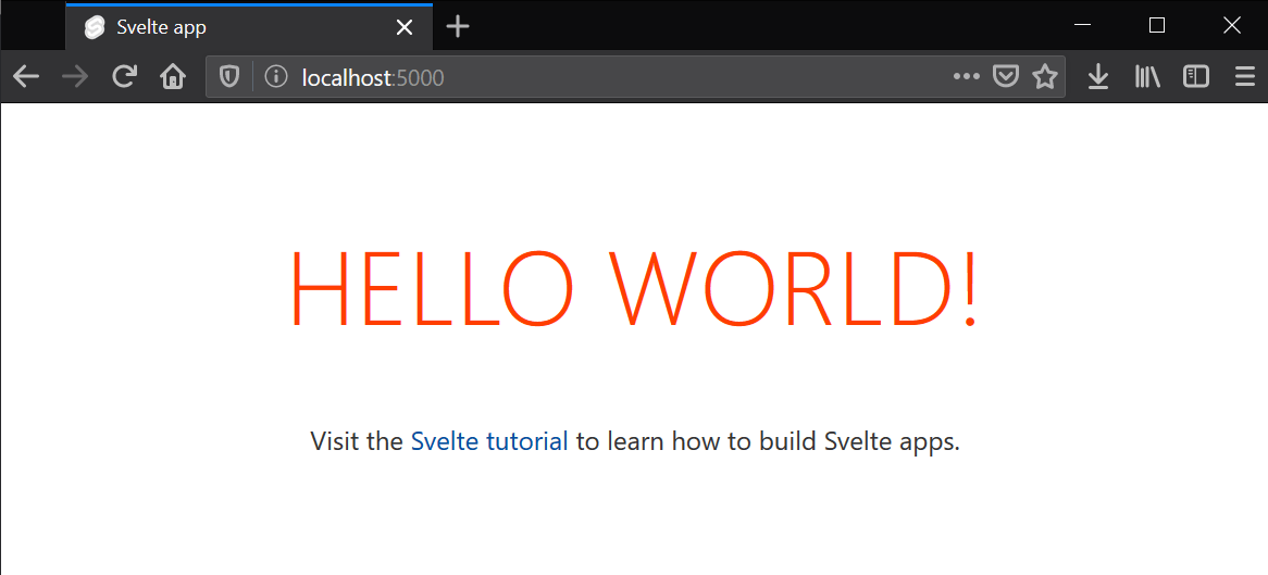 A simple start page that says hello world, and gives a link to the official svelte tutorials