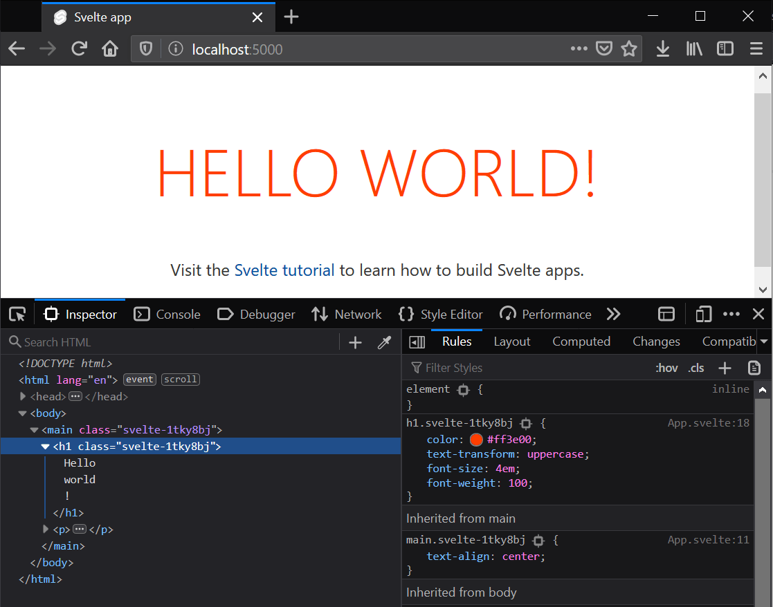 Svelte starter app with devtools open, showing classes for scoped styles