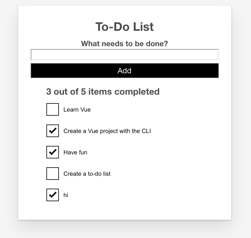Our app, with a completed todo counter added. It currently reads 3 out of 5 items completed