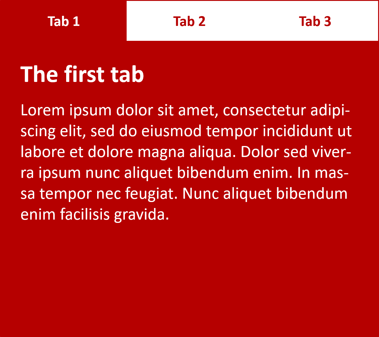 A screenshot demonstrating an example of accessible hiding and showing content in tabs. The example has three tabs namely Tab 1, Tab 2 and Tab 3. Tab 1 is currently focused and activated to display content.