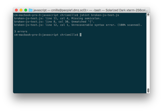 jshint filename.js was entered at the command line. The response is a list of line numbers and a description of the error found.
