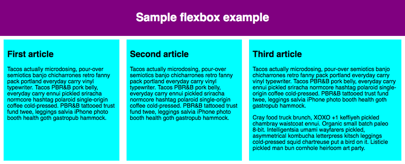 A flex container with three flex items. The third flex item is slightly larger than the first two.