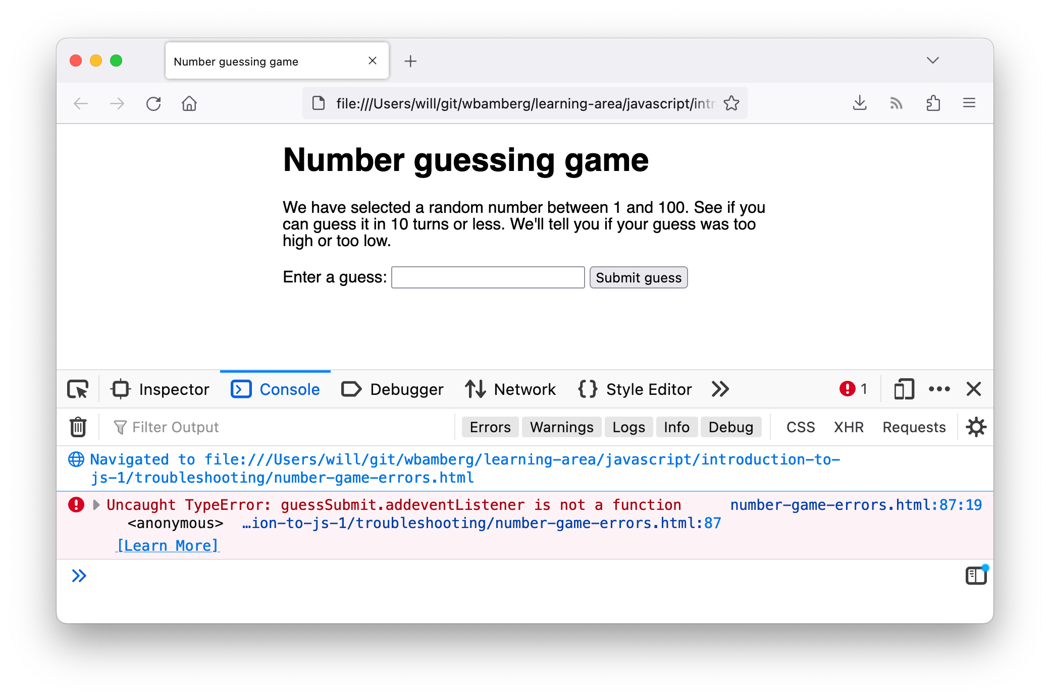 "Number guessing game" demo page in Firefox. One error is visible in the JavaScript console: "X TypeError: guessSubmit.addeventListener is not a function [Learn More] (number-game-errors.html:87:19)".