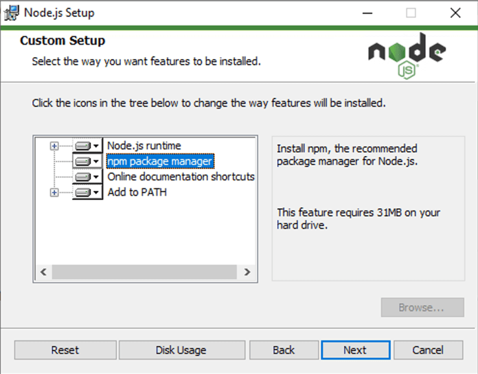 the Node.js installer on windows, showing the option to include npm