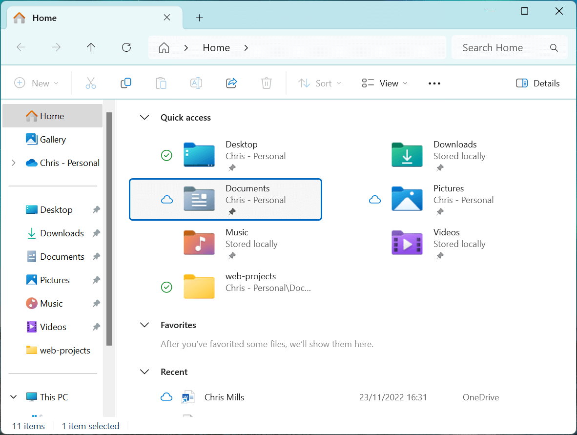 The Windows File Explorer application, showing the contents of a typical Home folder