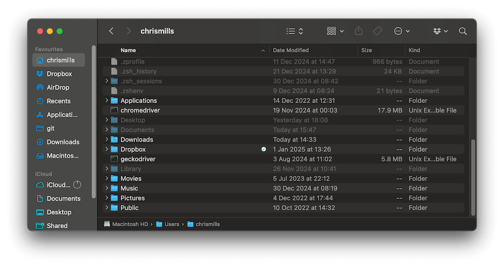 The macOS Finder application, showing the contents of a typical Home folder