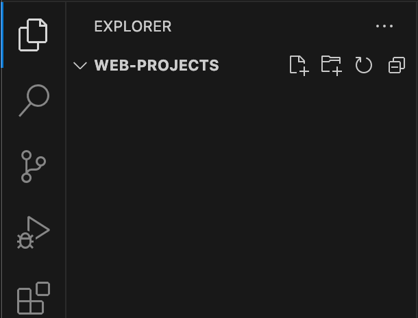 The VS Code Explorer panel, showing an empty folder called web-projects