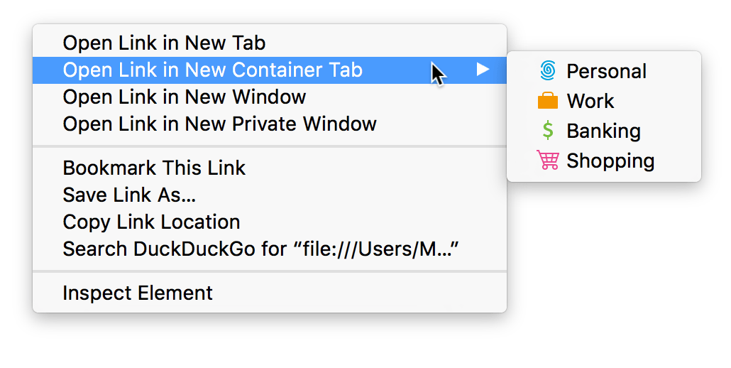A context menu with "open in new container tab" submenu highlighted. The submenu shows personal, work, banking, and shopping contextual identities.