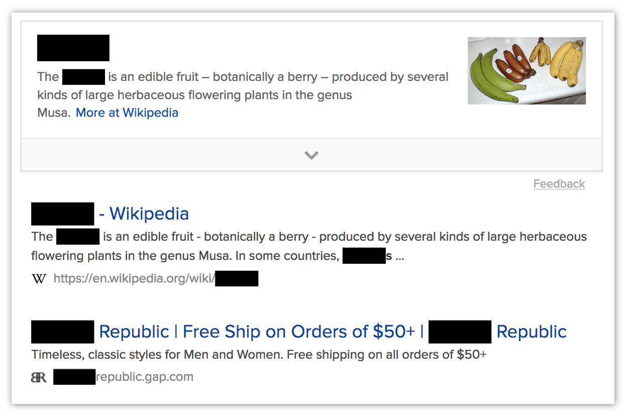 Three search results with some texted redacted by black rectangles.