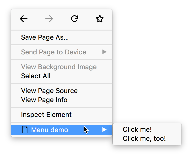Context menu with two items labeled click me, and click me too!
