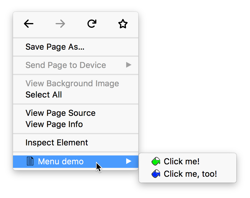 Context menu with two items labeled click me, and click me too!. The click me option is labeled with a green paint can icon. The click me too option is labeled with a blue paint can icon.