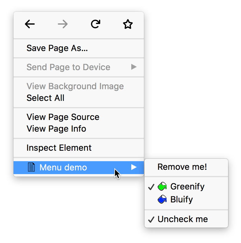 Context menu with four items labeled remove me, Greenify, Bluify, and uncheck me. Greenify and Bluify are radio buttons given custom icons.