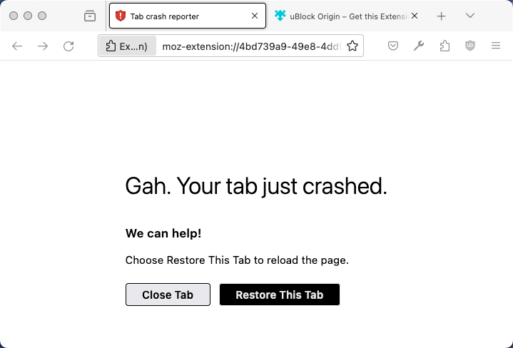 Browser window displaying the user message indicating that a page has crashed with the options to close or restart the tab