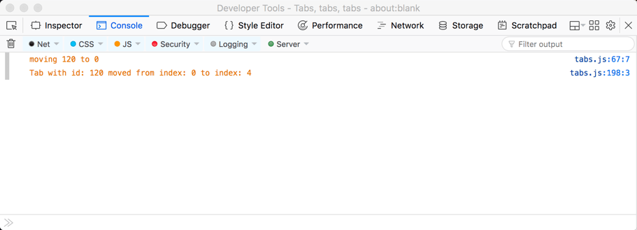 Example of the console.log output, from the move tabs feature, in the debugging console