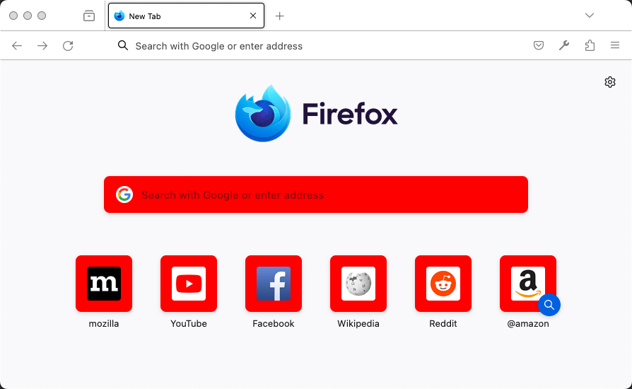 Firefox showing a new tab page. On the page, the background to the search bar and shortcut buttons is red.