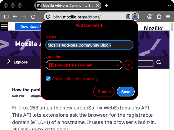 Firefox with a black frame and white tab text. The Add bookmark panel is open, with a black background and its labels, fields, and buttons in red.