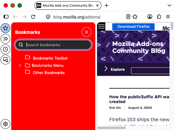 A close-up screenshot of a browser windows's open sidebar. The background color of the sidebar is red.