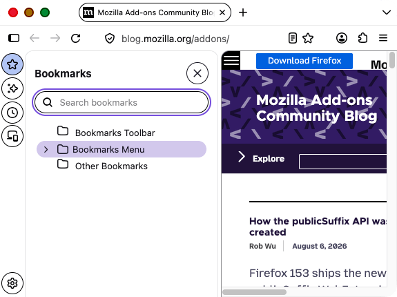 The bookmarks sidebar with a row highlighted. The highlighted row keeps the browser's default lavender background rather than the red set by the theme.