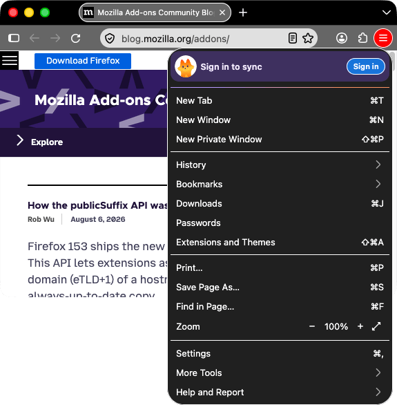 Browser firefox is black. Browser's tabs and URL bar are gray with white text. The customize toolbar icon in the url bar in white with a red background is pressed and a popup is open displaying a short list of thing to add to the toolbar such as the browser's library and the sidebars.
