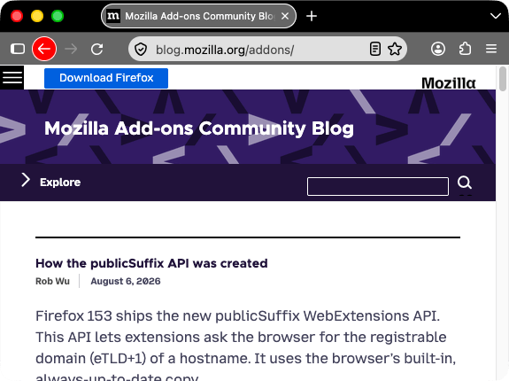 Browser firefox is black. Browser's tabs and URL bar are gray with white text. The go back one page icon is white with a red circle background.