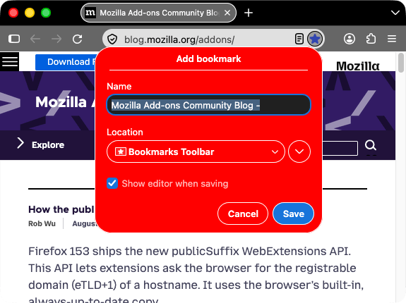 Browser firefox is black. Browser's tabs and URL bar are lighter gray with icons and text in white. The bookmark this page icon is blue and pressed, an open popup name 'edit this bookmark' is displayed with a red background. The background color of the popup is red.