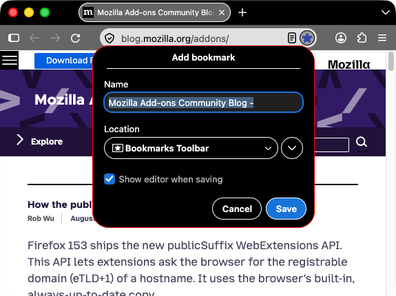 Browser firefox is black. Browser's tabs and URL bar are lighter gray with icons and text in white. The bookmark this page icon is blue and pressed, an open popup name 'edit this bookmark' is displayed with a red outline and black background. The popup's border is red.