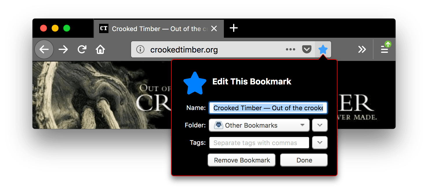 Browser firefox is black. Browser's tabs and URL bar are lighter grey with icons and text in white. The bookmark this page icon is blue and pressed, an open popup name 'edit this bookmark' is displayed with a red outline and black background. The popup's border is red.