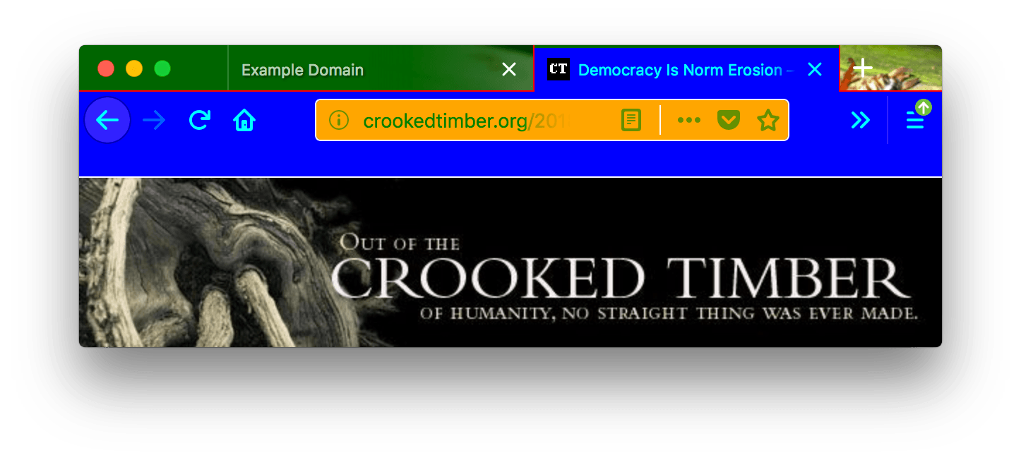A browser window with two open tabs and dark green background color in the header area. The inactive tab has a white text color. The active tab and the toolbar have a blue background color with cyan-colored text. The URL bar has an orange background with white borders, a green text color and a white-colored vertical line separator. A red-colored line is used to separate the tabs on the top and a white line to separate the tabs from the content bellow them.