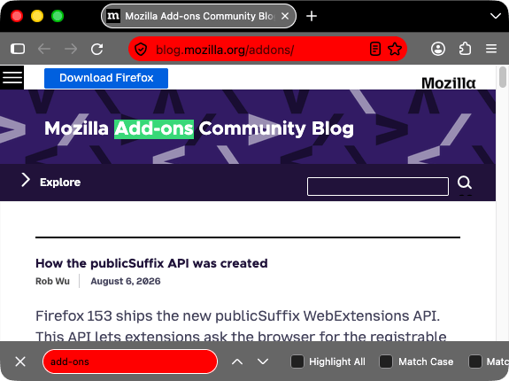 Browser firefox is black. Browser's tab, find in page bar and URL bar are lighter gray with white text and icons. The background color of the URL bar is red. The find in page bar is white with black text. The find in page field is red with black text.