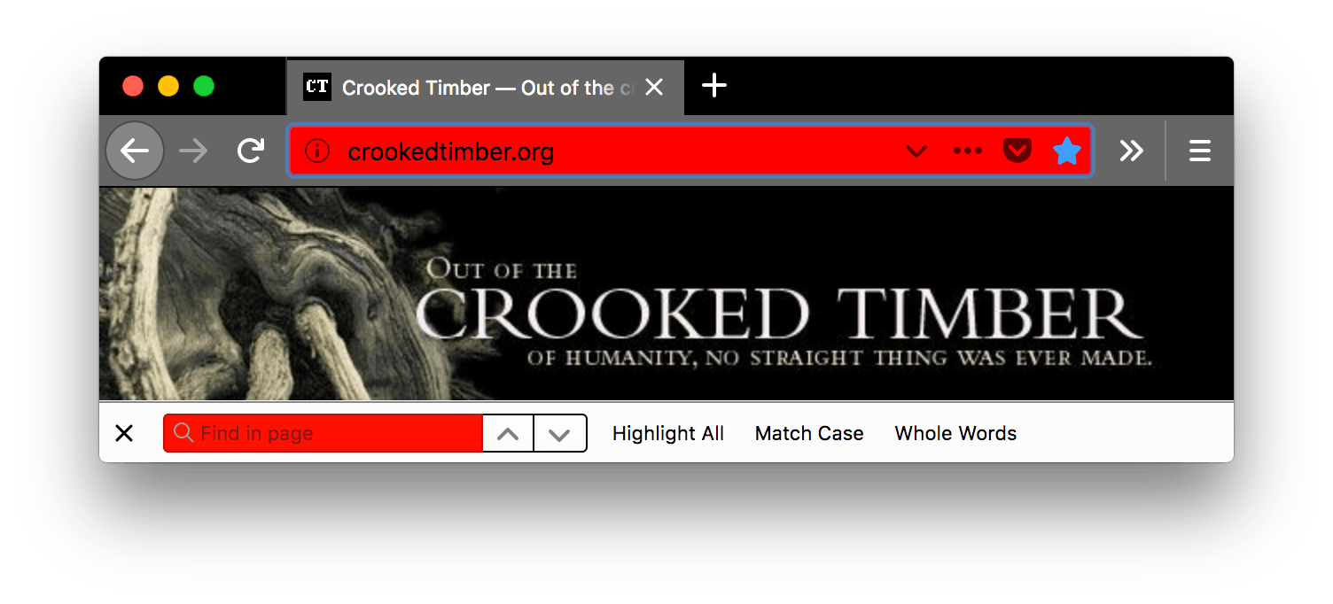 Browser firefox is black. Browser's tab, find in page bar and URL bar are lighter grey with white text and icons. The background color of the URL bar is red. The find in page bar is white with black text. The find in page field is red with black text.