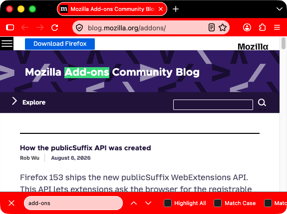 Browser firefox is black. Browser's tab, find in page bar and URL bar are red with white text and icons, except for the find in page bar where the text and icon are black.