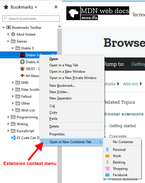 A context menu with "open in new container tab" submenu highlighted. The submenu shows personal, work, banking, shopping, and Facebook contextual identities. There is an option at the top of the submenu to select no container.