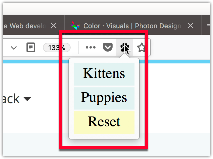 Page action pop-up example with three options: kittens, puppies, and reset.