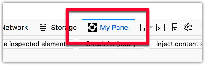 Simple example showing the addition of "My panel" to the Developer Tools tabs.